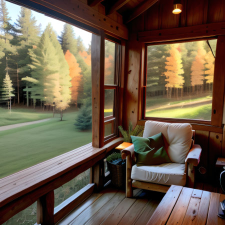 A enjoys the comfort of a cozy cabin in the combining the rustic charm ofの素材