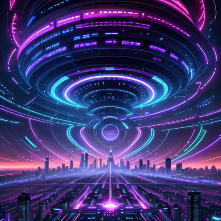 Futuristice city with neon light for Cyberpunk and Telecommunicationの素材