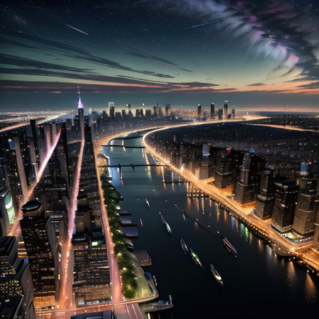 Vehicles moving into the new york city of aurora night city with motionの素材
