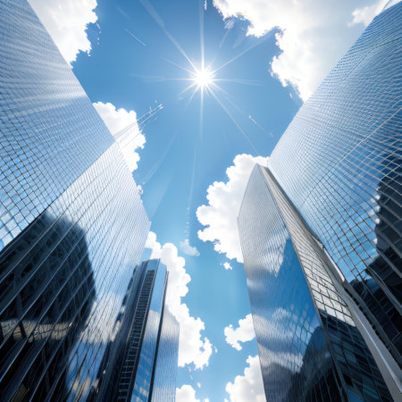 Reflective business Low angle photography of glass curtain wall details ofの素材