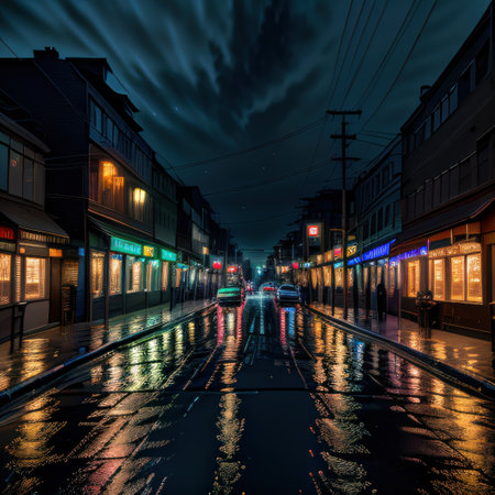 Wet street at night with neon sign on the building next toの素材