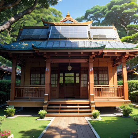 Sustainable eco friendly home exterior with green living solar and energyの素材