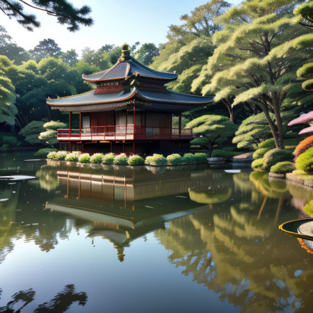 Japanese garden with reflection in waterの素材