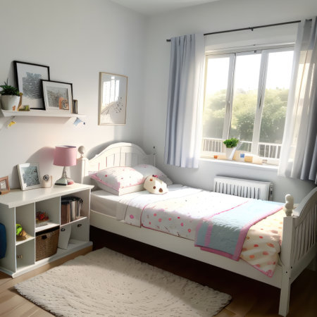 A minimalist room with a white base adorned with colorful a bunk playfulの素材