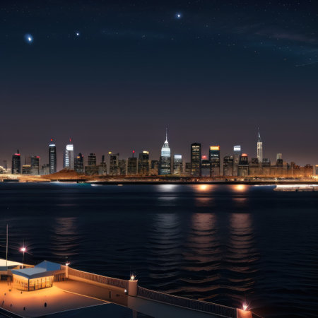 Modern fast boat sailing in bay with a city at night onの素材