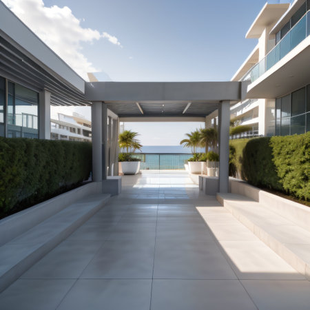 Empty concrete floor and gray rendering of sea view plaza with clear skyの素材