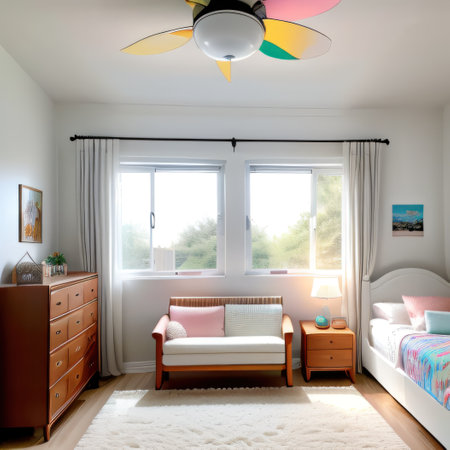 A minimalist room with a white base adorned with colorful a bunk playfulの素材