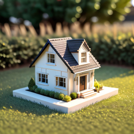 Miniature house on the grass with stack of House savings Energy Goalの素材