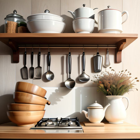 Interior of modern kitchen with white wooden round wooden bowls with driedの素材