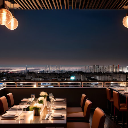 A modern restaurant with a breathtaking city view created with technologyの素材