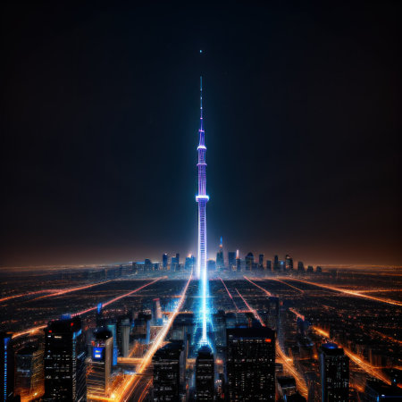 Background of a futuristic city with skyscrapers and lightsの素材