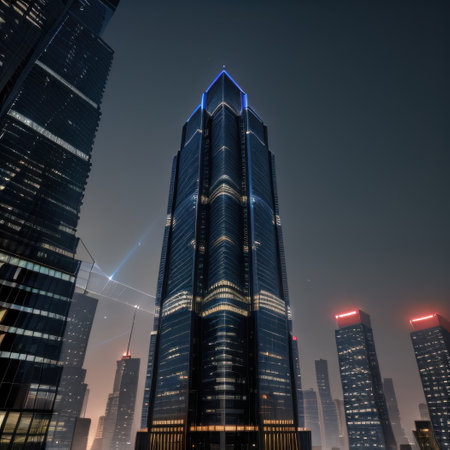 Modern Night Time Views of Tall Buildings Illuminated withの素材