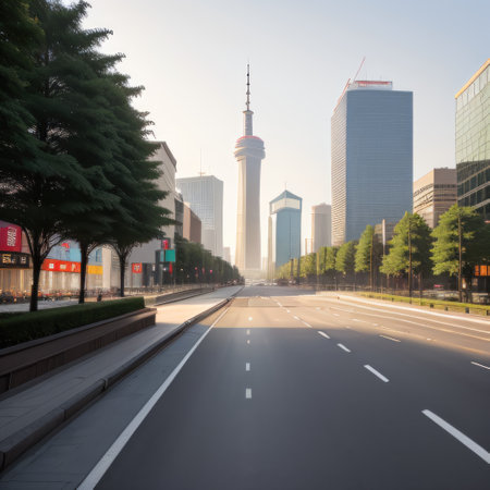 Empty road floor surface with modern city landmark buildings of hangzhouの素材