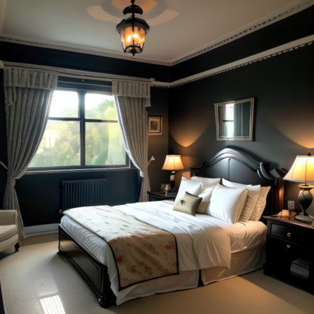 Spooky halloween decorated interior of a bedroomの素材