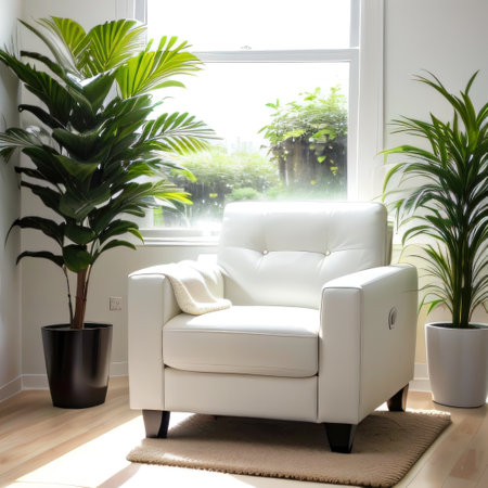 Modern white chair with plants in living roomの素材
