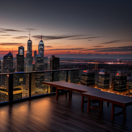 Wood table unoccupied in front of city skyline duringの素材