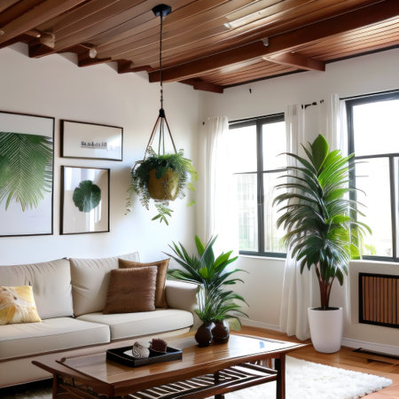 The living room has a modern and sleek design with a rattan a black coffeeの素材