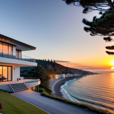 of An idyllic modern house on a hill near crystal blue waters of the oceanの素材