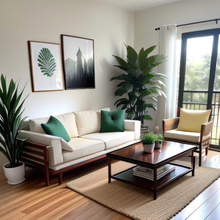 The living room has a modern and sleek design with a rattan a black coffeeの素材