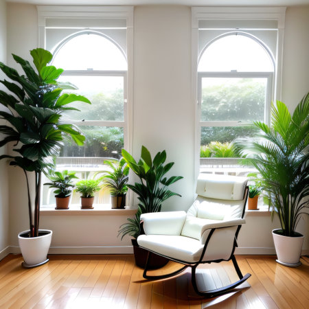 Modern white chair with plants in living roomの素材