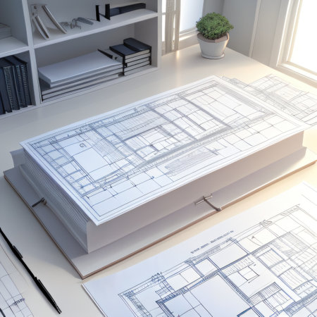 architectural plans laying on a architectural drawings and paperの素材