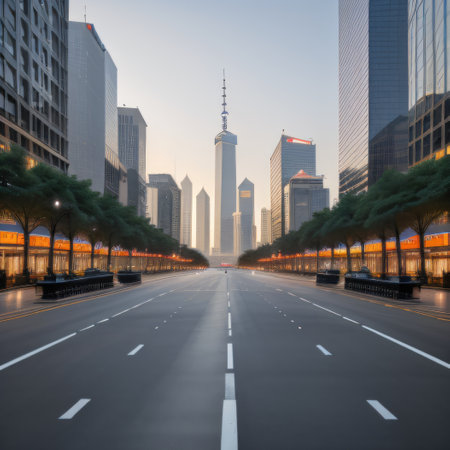 Empty road floor surface with modern city landmark buildings of hangzhouの素材