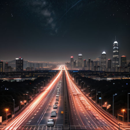 Asphalt road and wall with city skyline at night in