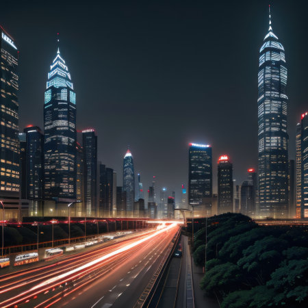 Asphalt road and wall with city skyline at night inの素材