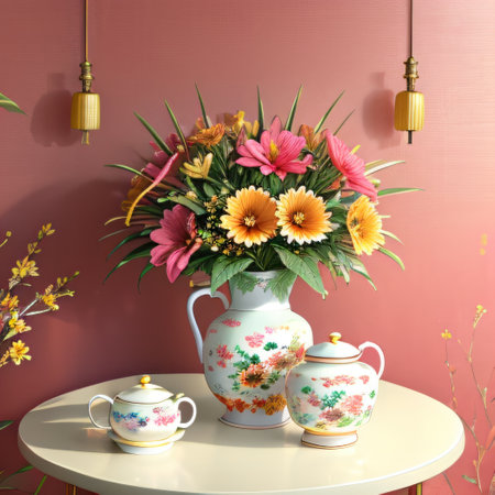painted watercolor maximalist interior design artwork with flowers inの素材