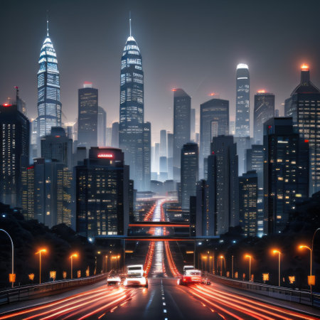 Asphalt road and wall with city skyline at night inの素材