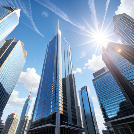 Stunning Modern Building Against a Beautiful Blue Skyの素材