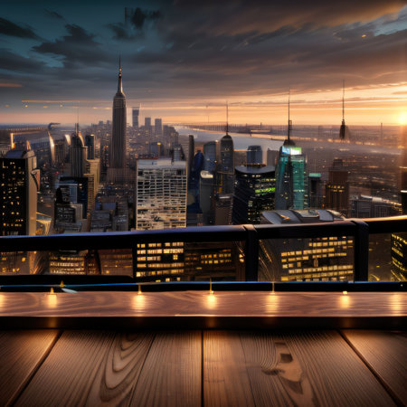 The empty wooden table top with blur background of city Exuberantの素材