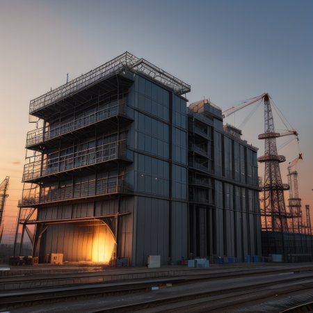 Modern skyscraper construction site using heavy machinery and steelの素材