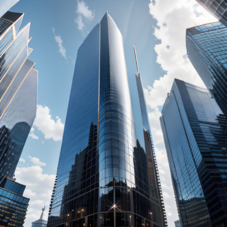 A modern skyscraper in downtown with its sleek glass and metal facadeの素材
