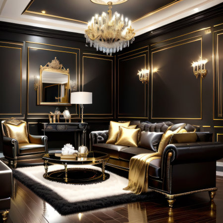 Black and gold luxury living room with coffee tableの素材