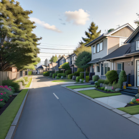 modern street with various houses front viewの素材