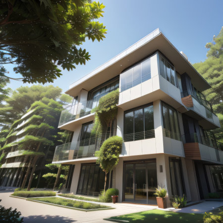 building in the modern Sustainable glass building with tree for reducingの素材