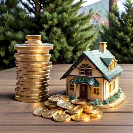 House and stack of gold coins with nature House savingsの素材