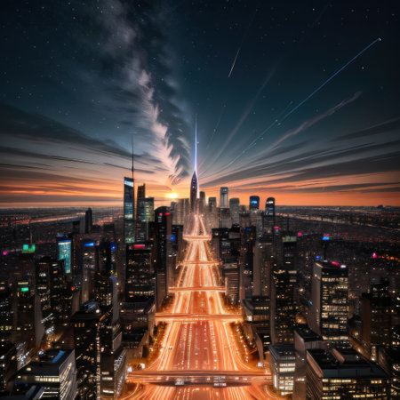 Reinterpret the skyline of a glittering city in a modern and futuristicの素材