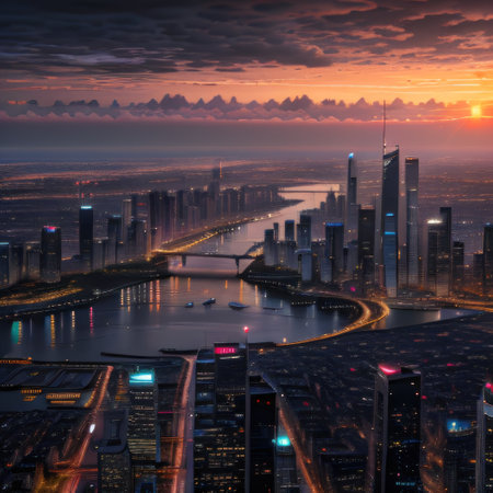 a city with a lot of tall buildings and a sunset in the sky above it withの素材
