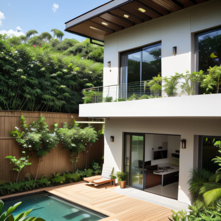 Photo of a contemporary house with a lush green roof gardenの素材