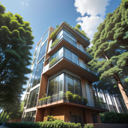 building in the modern Sustainable glass building with tree for reducingの素材