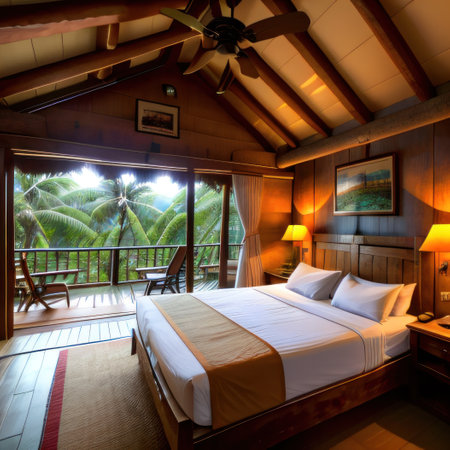 Ecolodge or hotel interior with forest creating a serene and relaxingの素材