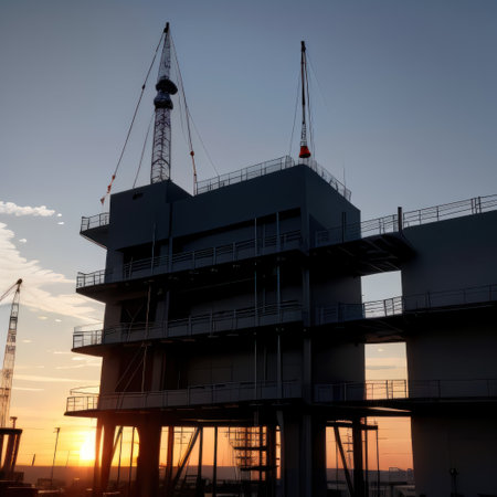 Silhouettes of Engineers and workers inspecting a project on a buildingの素材