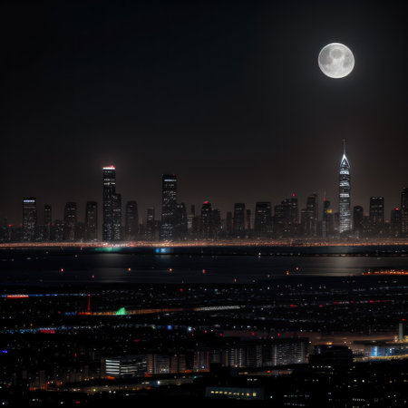 City skyline at night with a full moonの素材