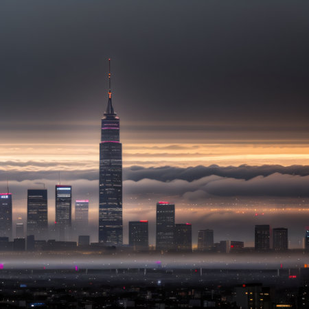City lights in the Cityscape in the fog background with urban skyline sの素材