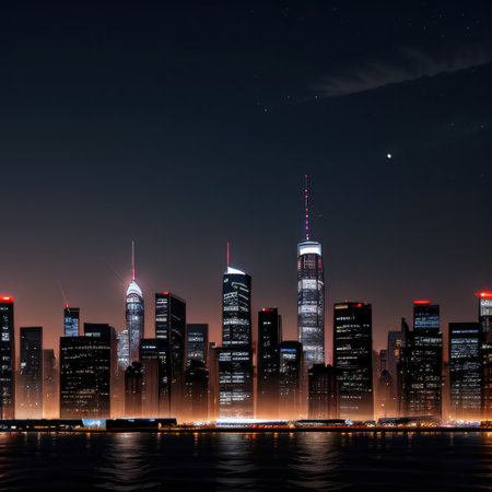 A sleek sedan driving across a modern urban skyline at with skyscrapersの素材