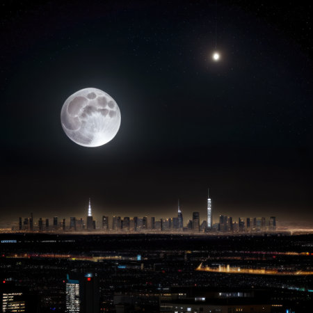 City skyline at night with a full moonの素材