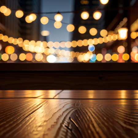 The empty wooden table top with blur background of business district andの素材