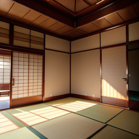 Empty traditional japanese room with tatami mat wood shoji window inの素材